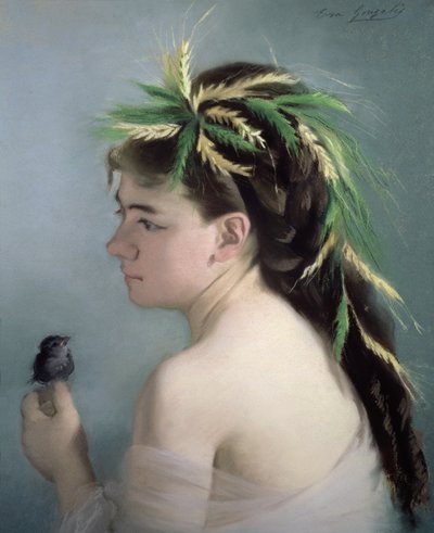 Porträt eines Mädchens, das einen Spatz hält (Pastell) von Eva Gonzalès